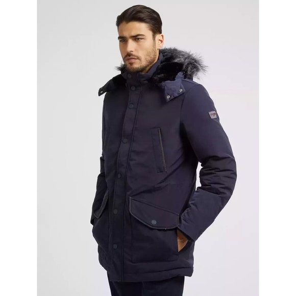 Guess Men’s Parka Puffer Hooded Jacket With Real Duck Down Feather Navy Size S